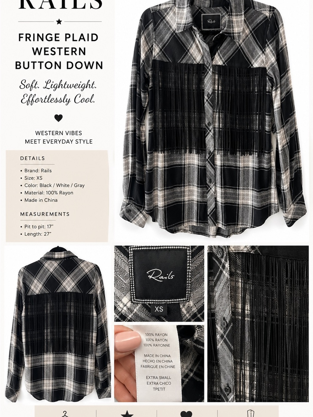 Rails Black White Plaid Fringe Western Button Down Shirt XS